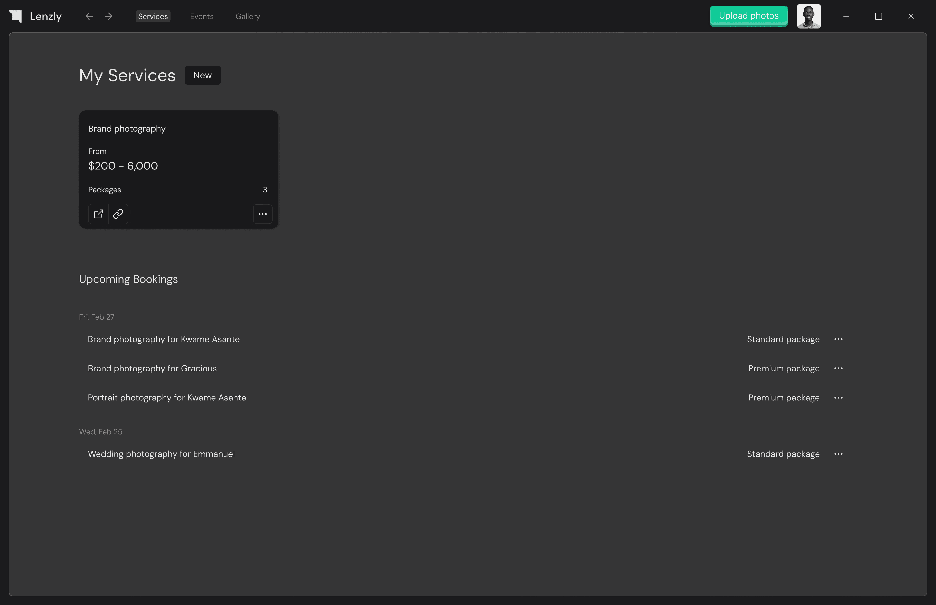 Lenzly — My Services dashboard